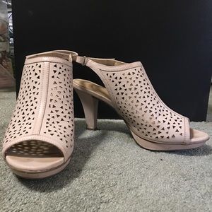 tan nude sling back peek toe high heels sandals